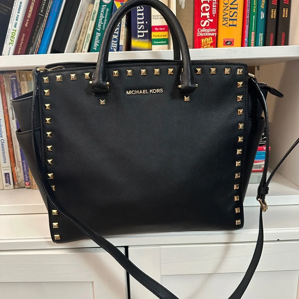 MICHAEL KORS Black Leather Studded Satchel with Gold Accents